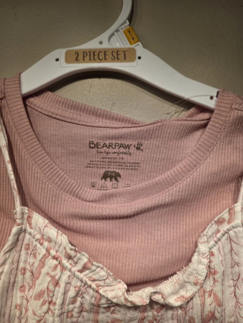 BearPaw Pink Ribbed Tee with White and Pink Floral Pinafore Size 7/8
